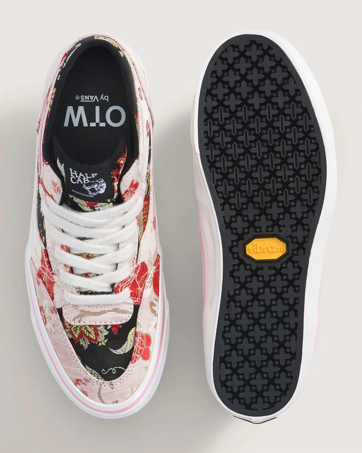 top-down pair, pink floral upper beside black Vibram waffle outsole, Floral Tapestry