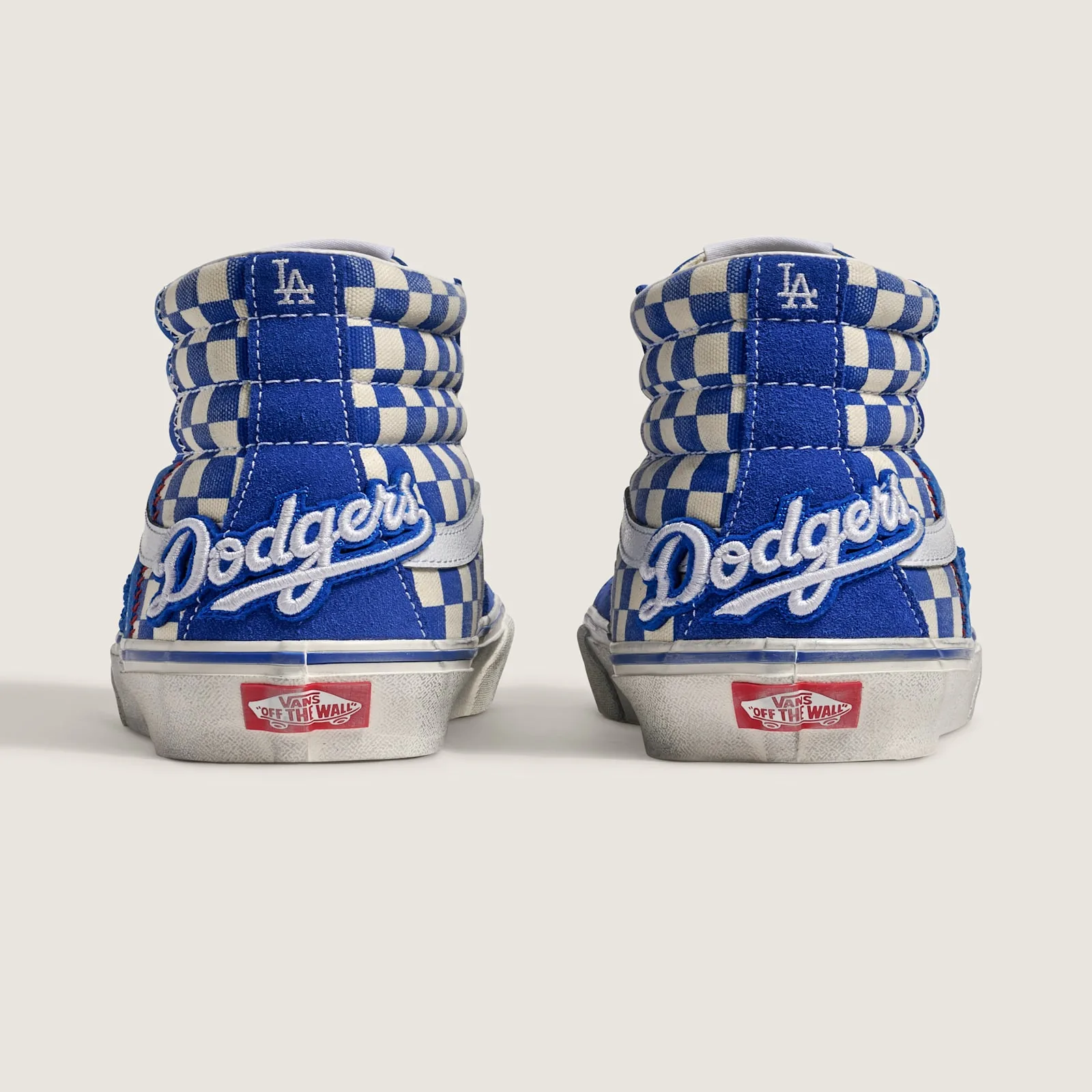 heel view of pair, blue Dodgers script embroidery on checkerboard uppers, Los Angeles Dodgers