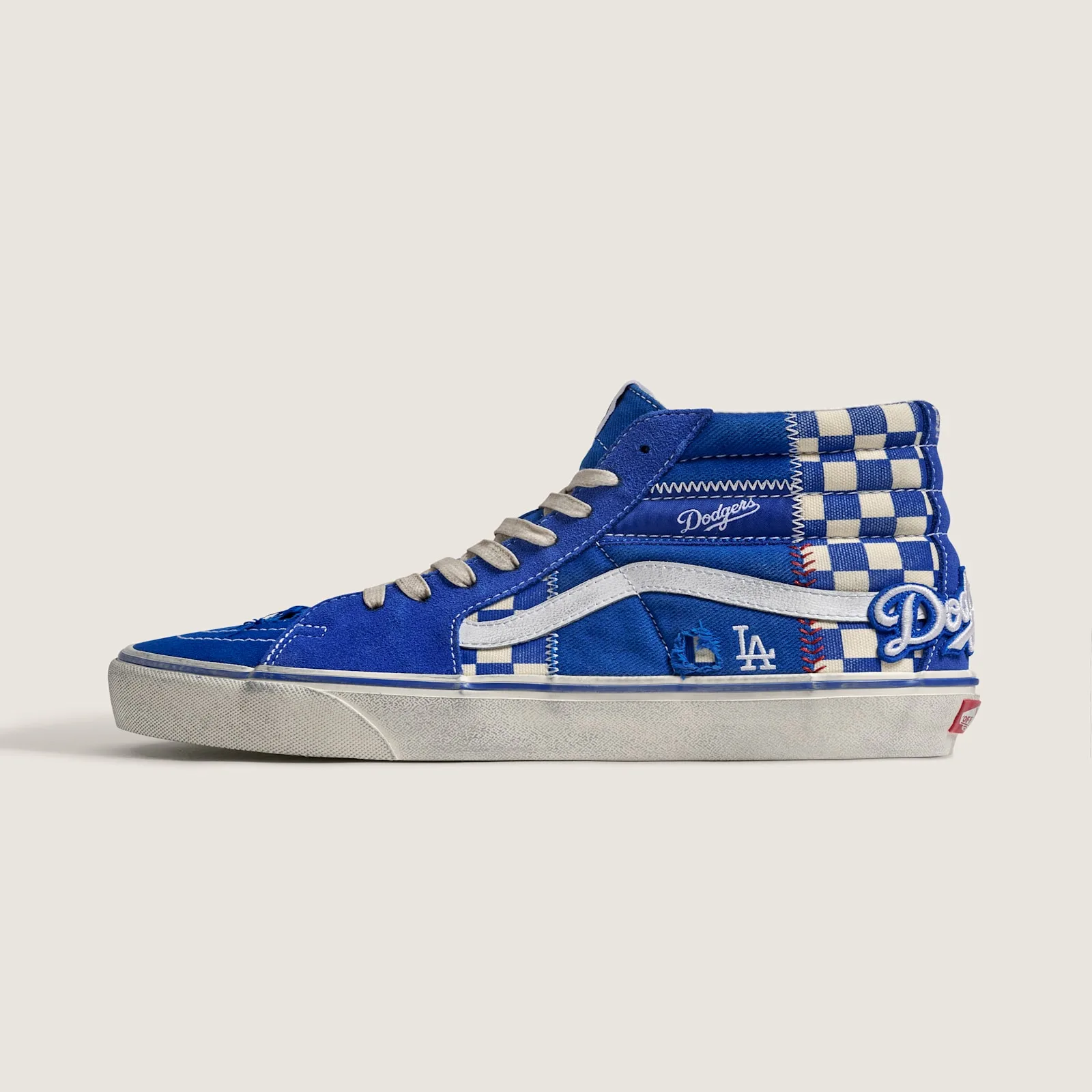 lateral view, blue suede toe, Dodgers script and LA logo on checkerboard panel, Los Angeles Dodgers