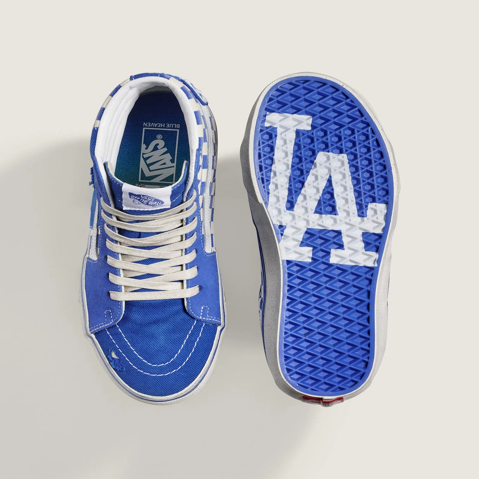 top-down pair with matching sole showing white LA logo on blue outsole, Los Angeles Dodgers