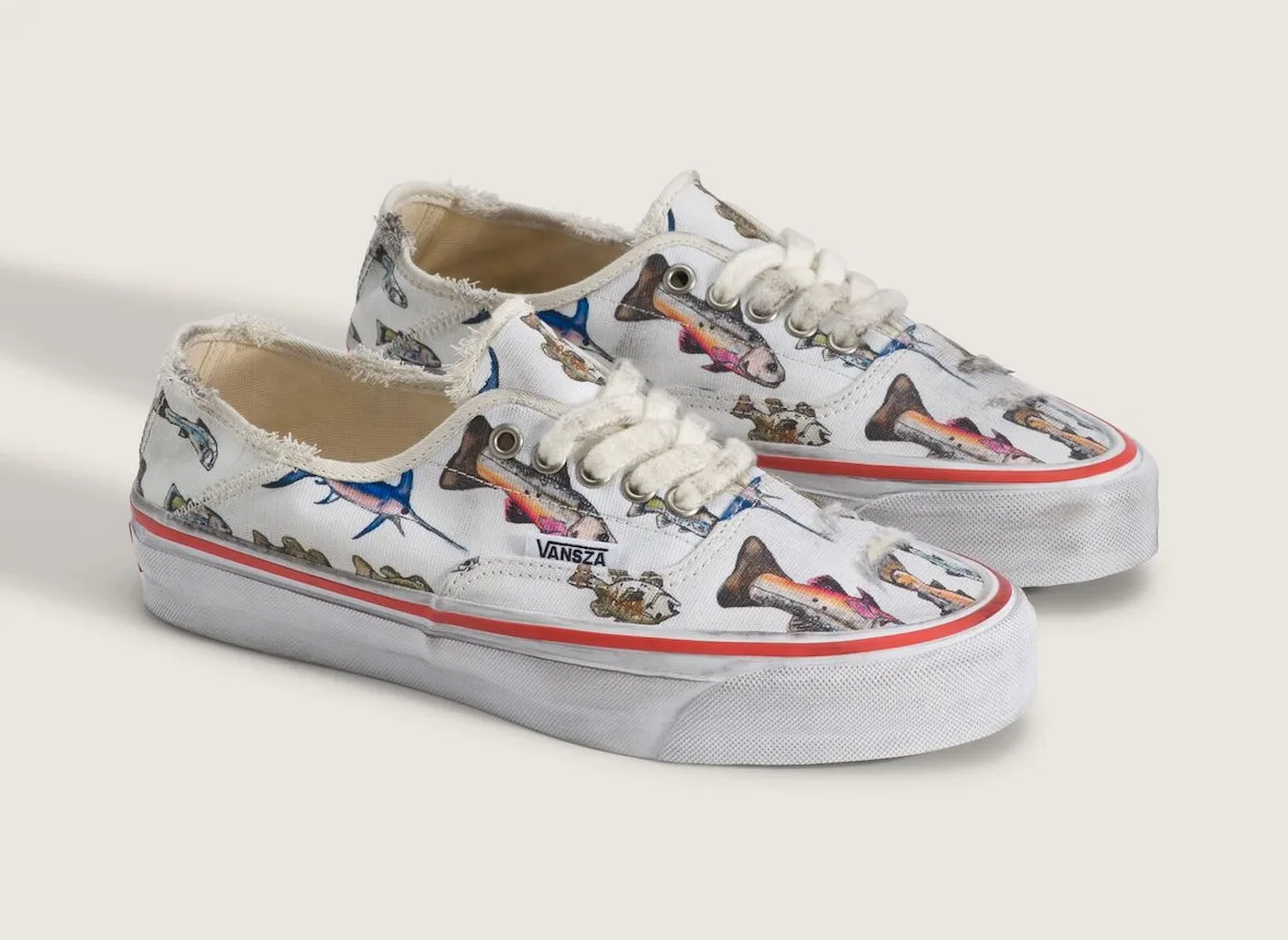 pair, lateral view, fish print canvas sneakers with red stripe soles, SZA VANSZA Collection