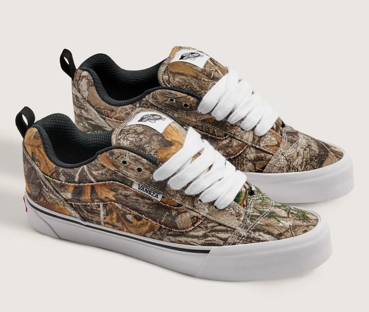 pair, lateral view, realtree camo print sneakers with white soles, SZA VANSZA Collection