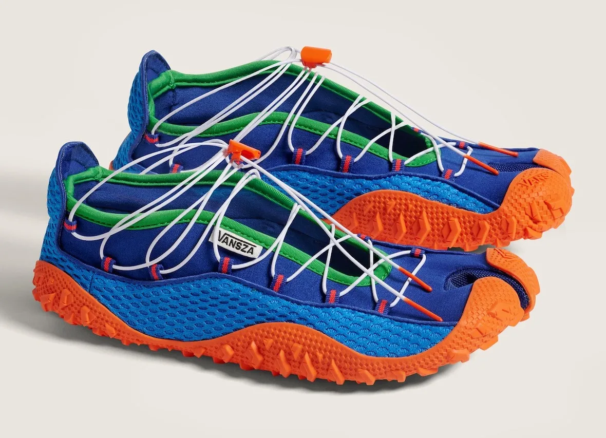 pair, lateral view, blue and orange trail shoes with green trim and bungee laces, SZA VANSZA Collection