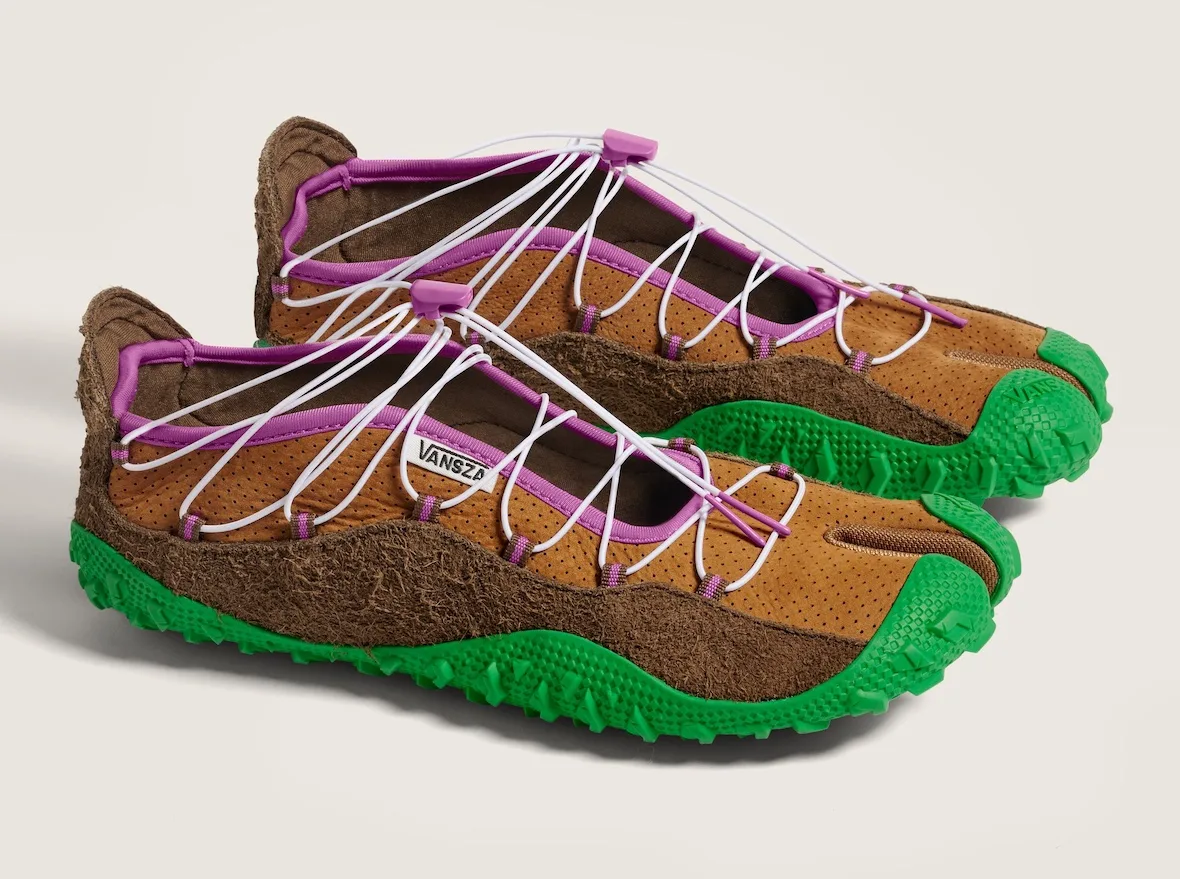 pair, lateral view, tan suede trail shoes with green soles and purple trim, SZA VANSZA Collection