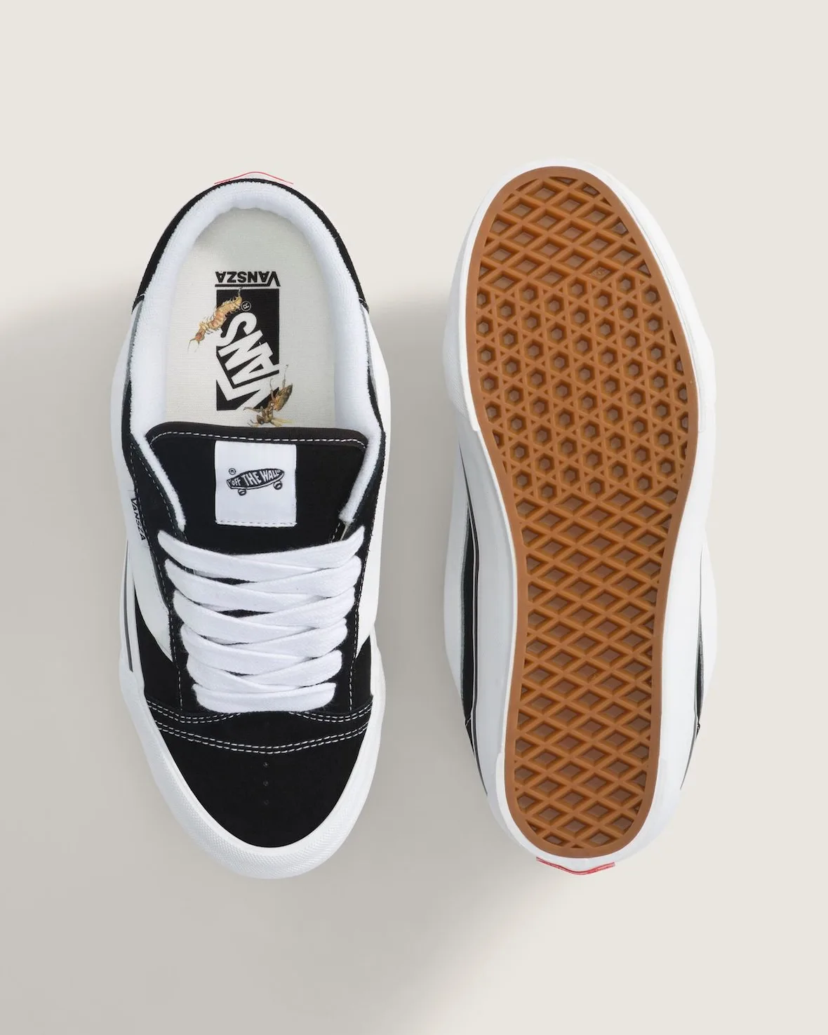 top-down pair, black and white sneaker with insect print insole and gum sole, SZA VANSZA Collection