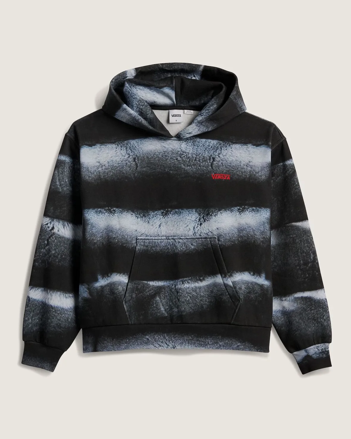flat lay of black and white tie-dye hoodie with red VANSZA logo, SZA VANSZA Collection