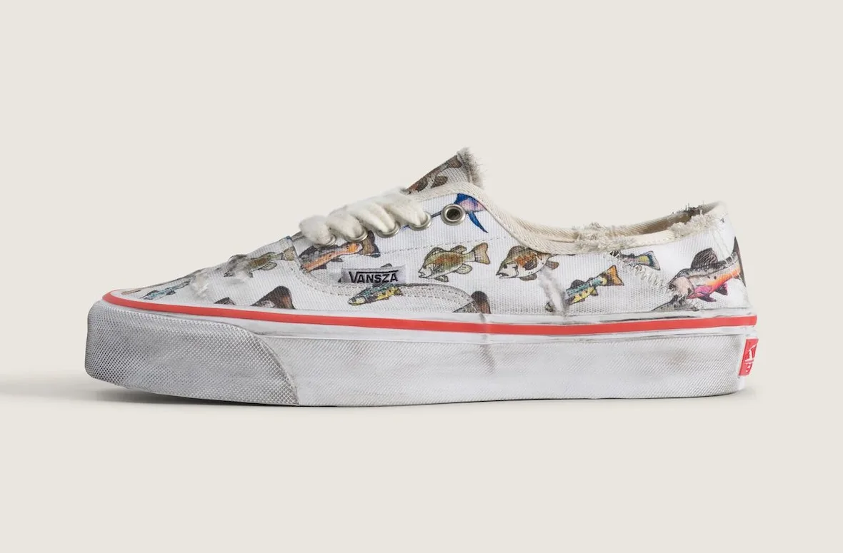 lateral view of distressed fish print canvas sneaker with red stripe sole, SZA VANSZA Collection