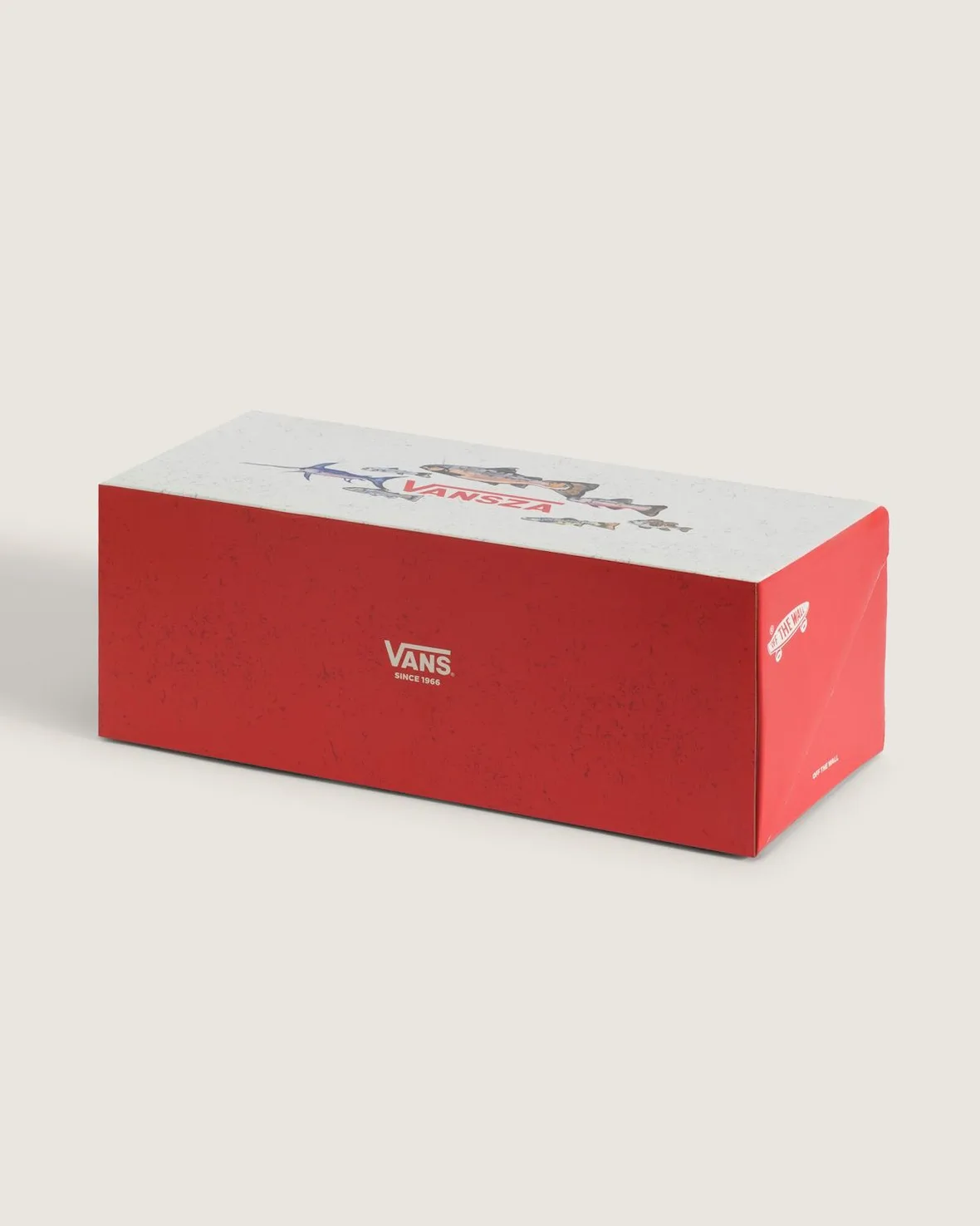 red and white shoebox with fish print lid and Vans logo on side, SZA VANSZA Collection