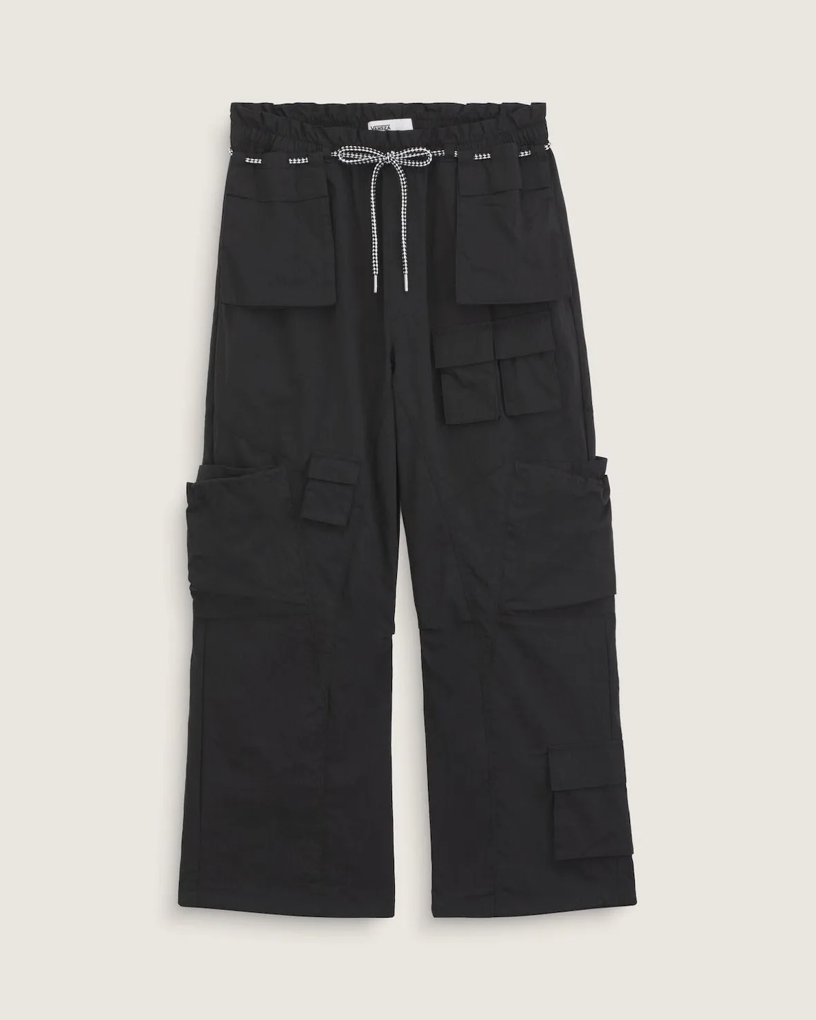 flat lay of black cargo pants with white drawstring waist and pockets, SZA VANSZA Collection