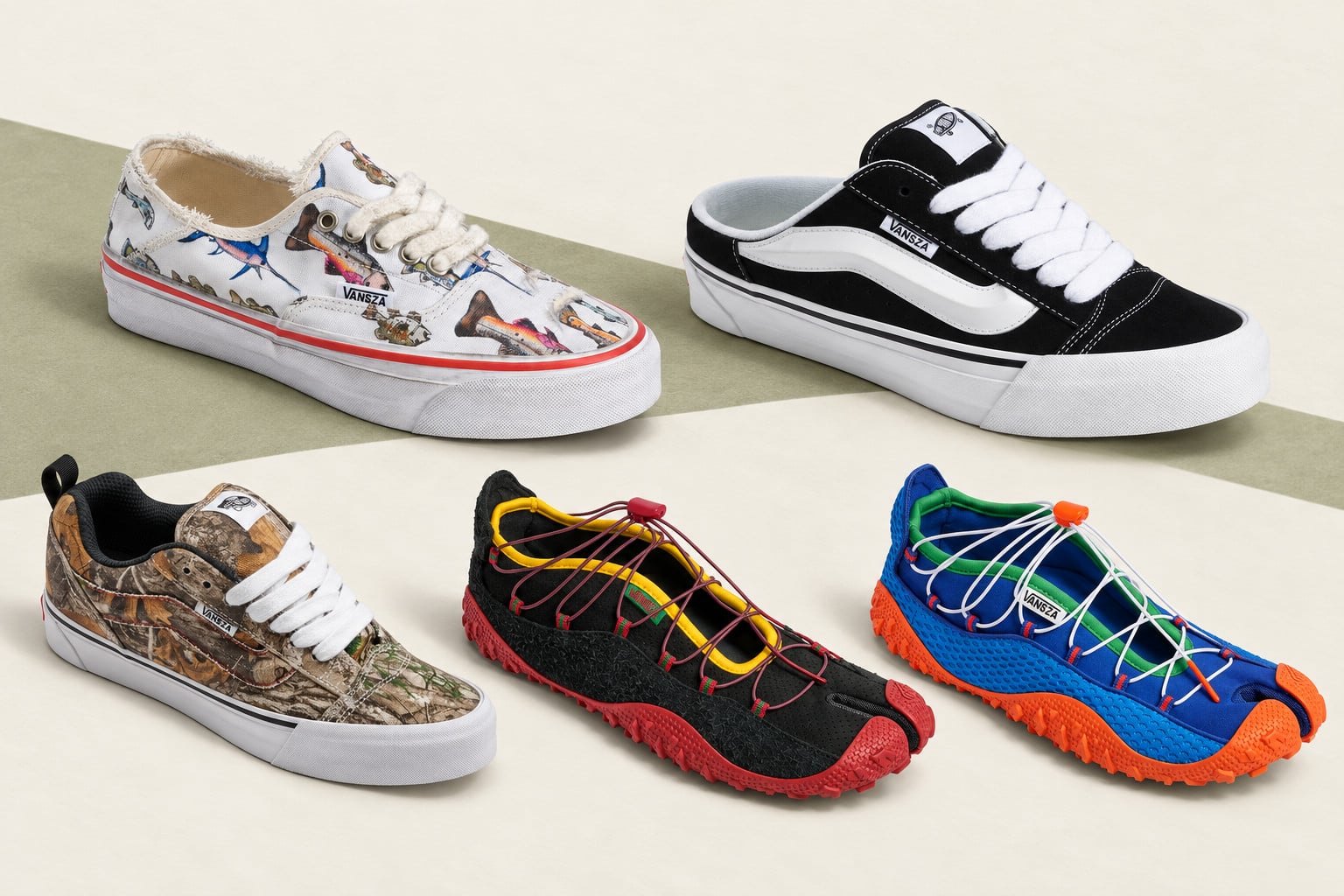 flat lay of five sneaker styles including fish print, camo and trail designs, Vans x SZA VANSZA Collection in Black/White