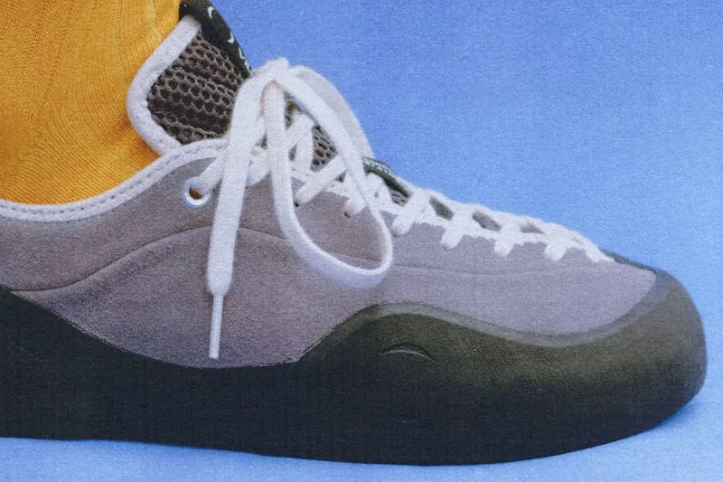on-foot toe close-up, grey suede shoe with white laces, mustard sock, VILLAGE PM 2PM