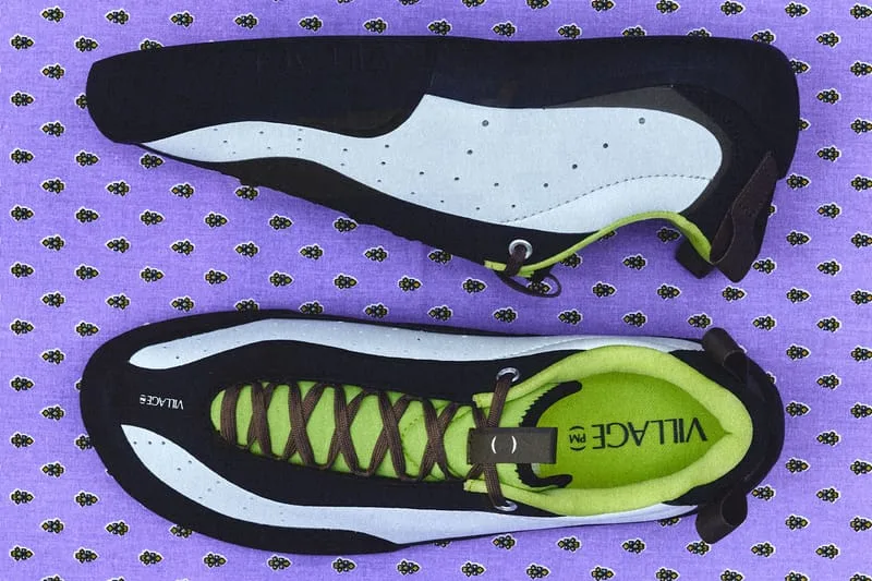lateral and outsole view, black-white pair with lime green interior, purple fabric, VILLAGE PM 2PM