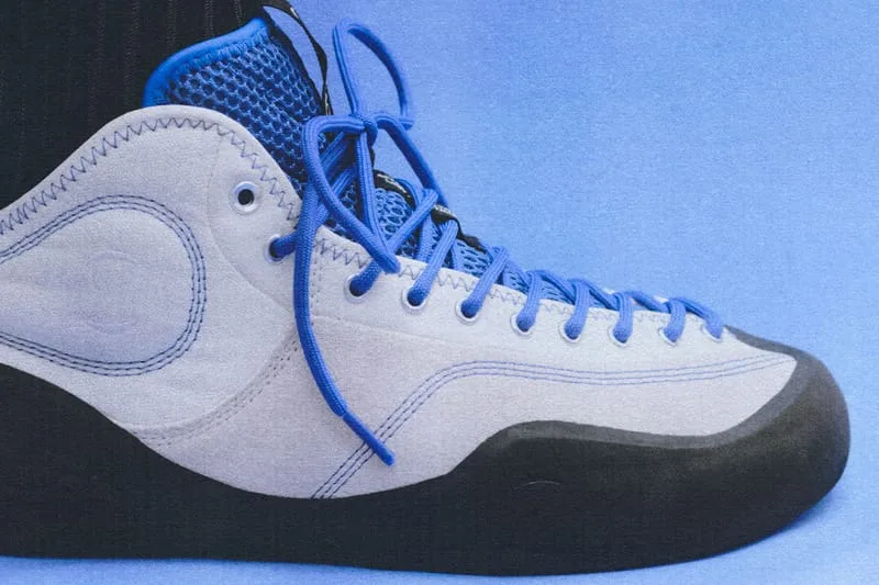 on-foot toe close-up, white suede shoe with blue laces and blue mesh tongue, VILLAGE PM 2PM