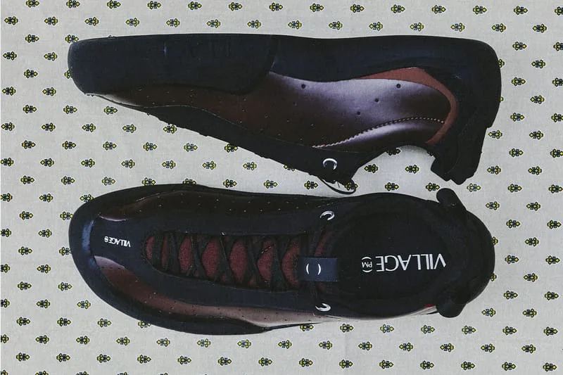 lateral and outsole view, black and burgundy dotted pair on patterned fabric, VILLAGE PM 2PM