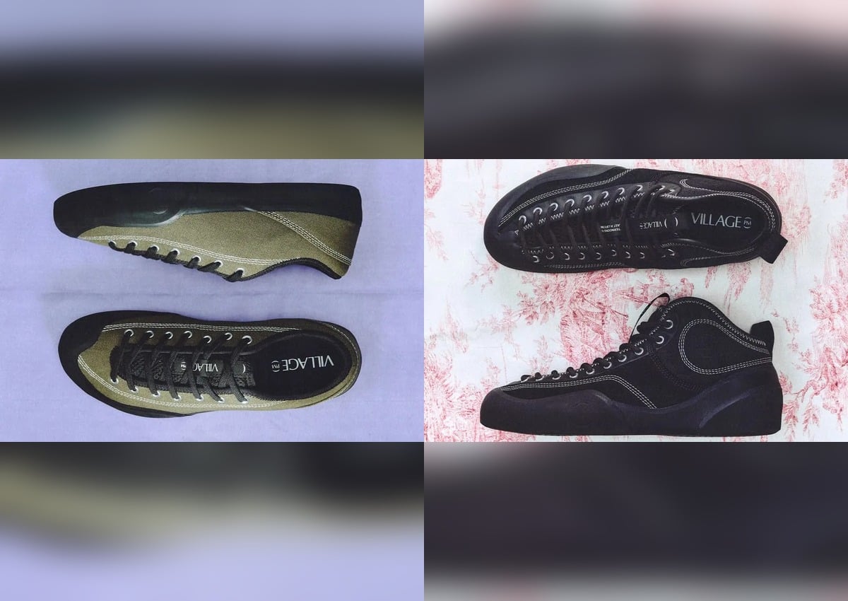 collage of lateral and outsole shots, olive-black and black pairs, VILLAGE PM 2PM in TBD
