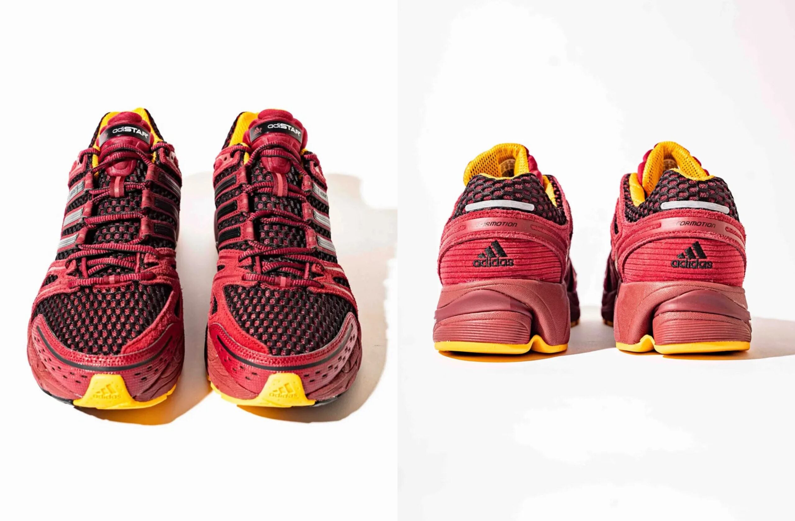 Toe and heel views of a pair, burgundy mesh and suede with yellow toe caps, adidas Adistar Control 5 x Deadstock Coffee