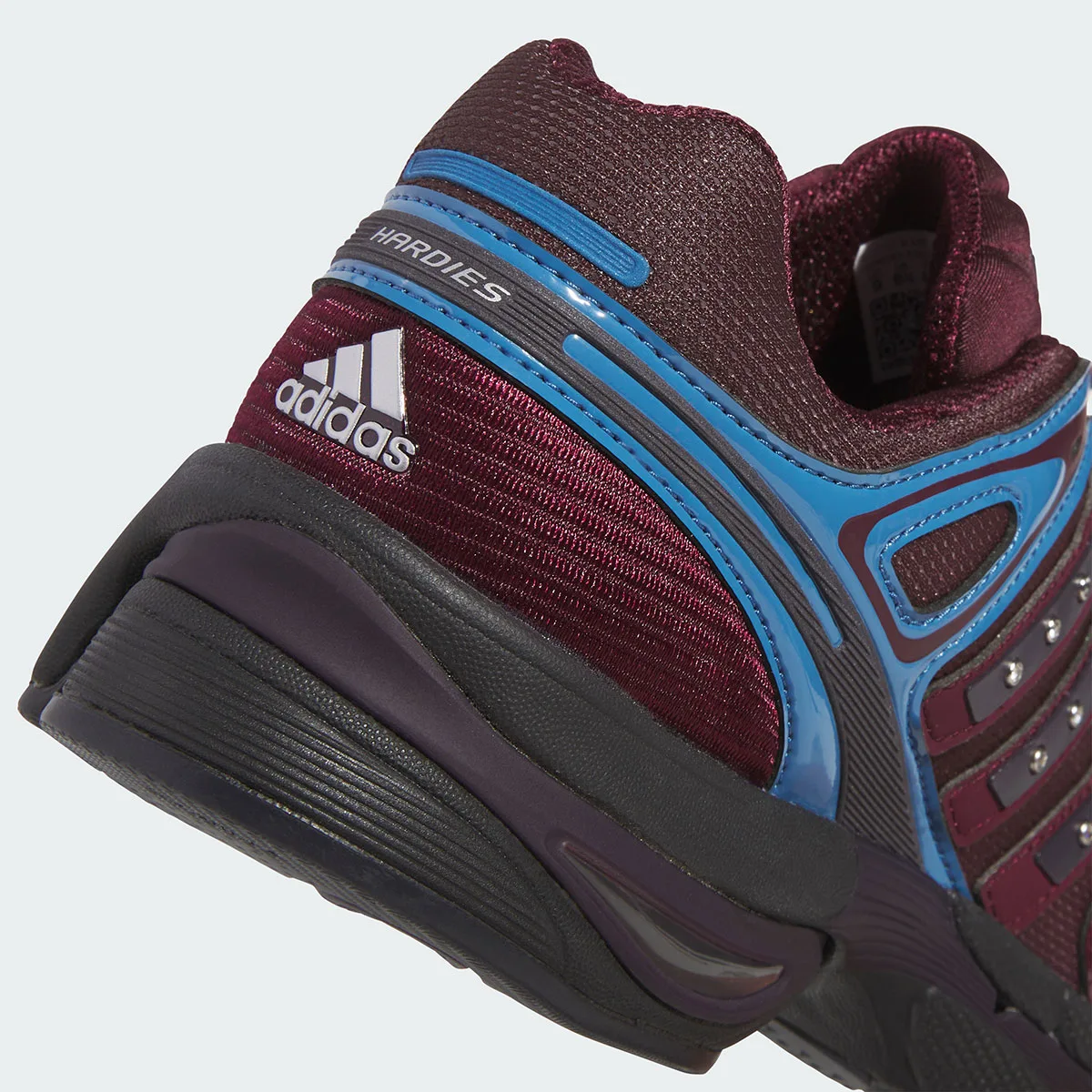 Heel detail with white adidas logo, Hardies text, maroon mesh and blue overlays, 5 x Hardies