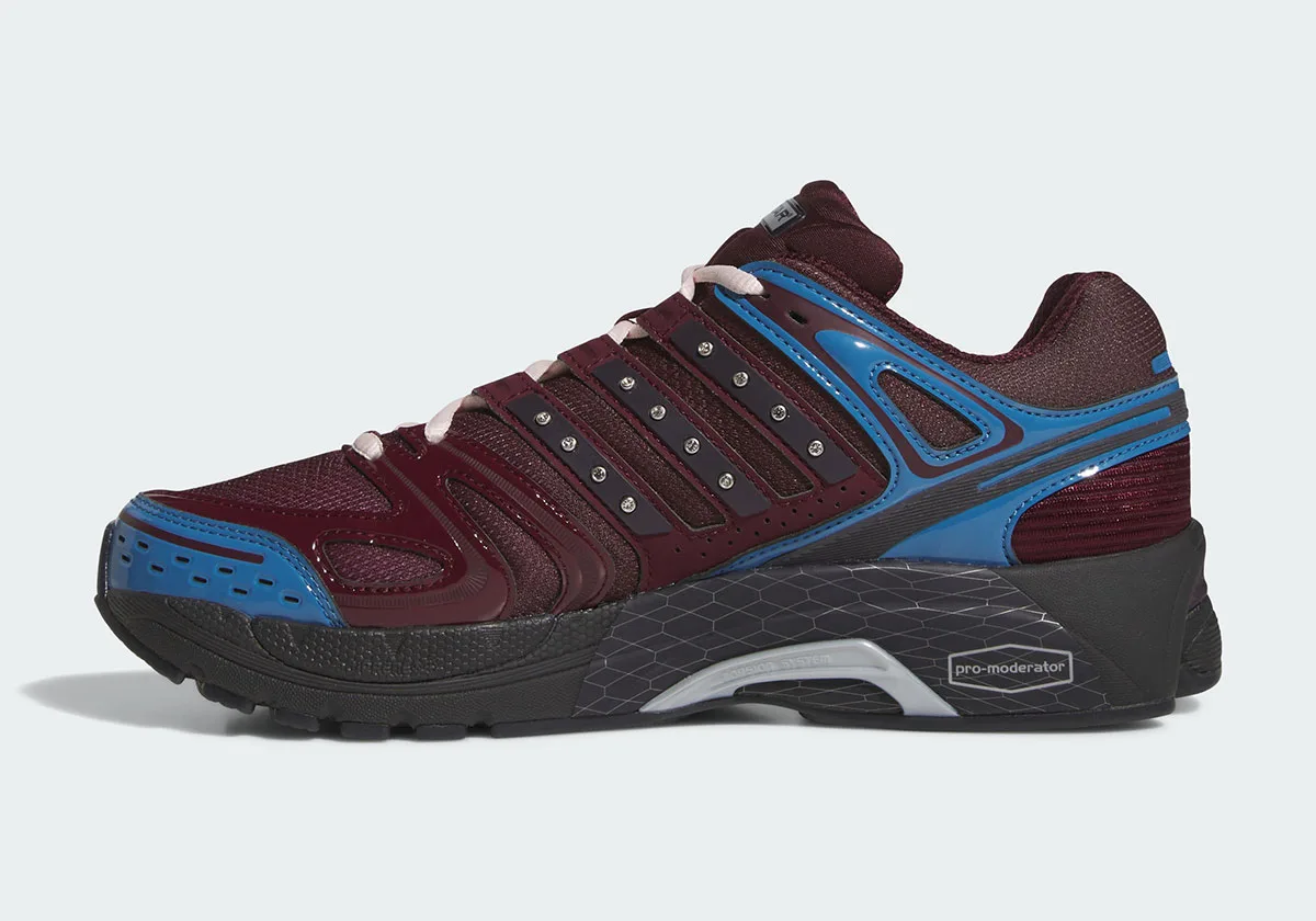 Medial view with studded maroon straps, hex-patterned midsole and pro-moderator label, 5 x Hardies