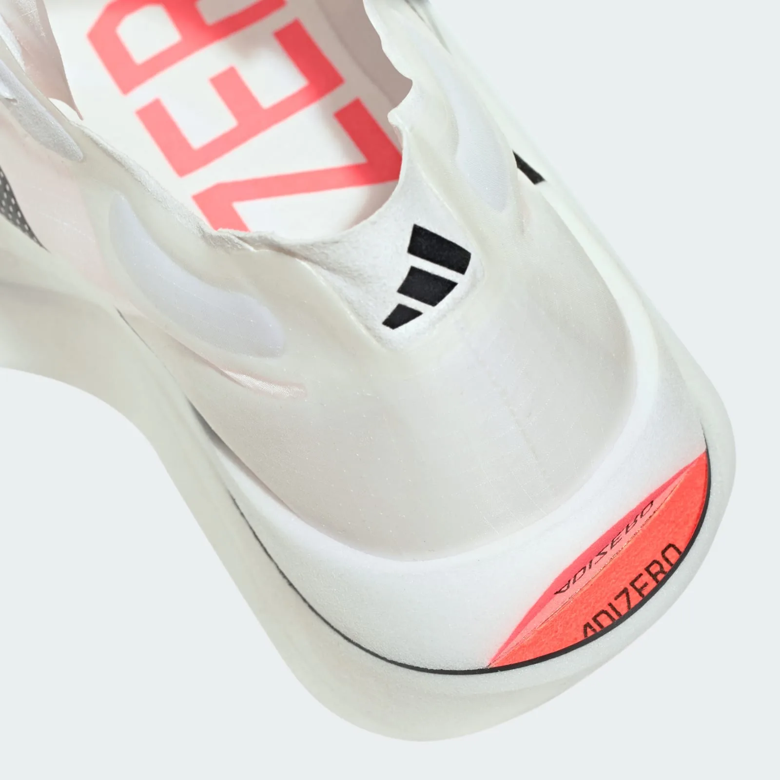 Close-up of heel, orange-red Adizero tab, black three-stripe logo, large red lettering inside collar, Pro EVO 3