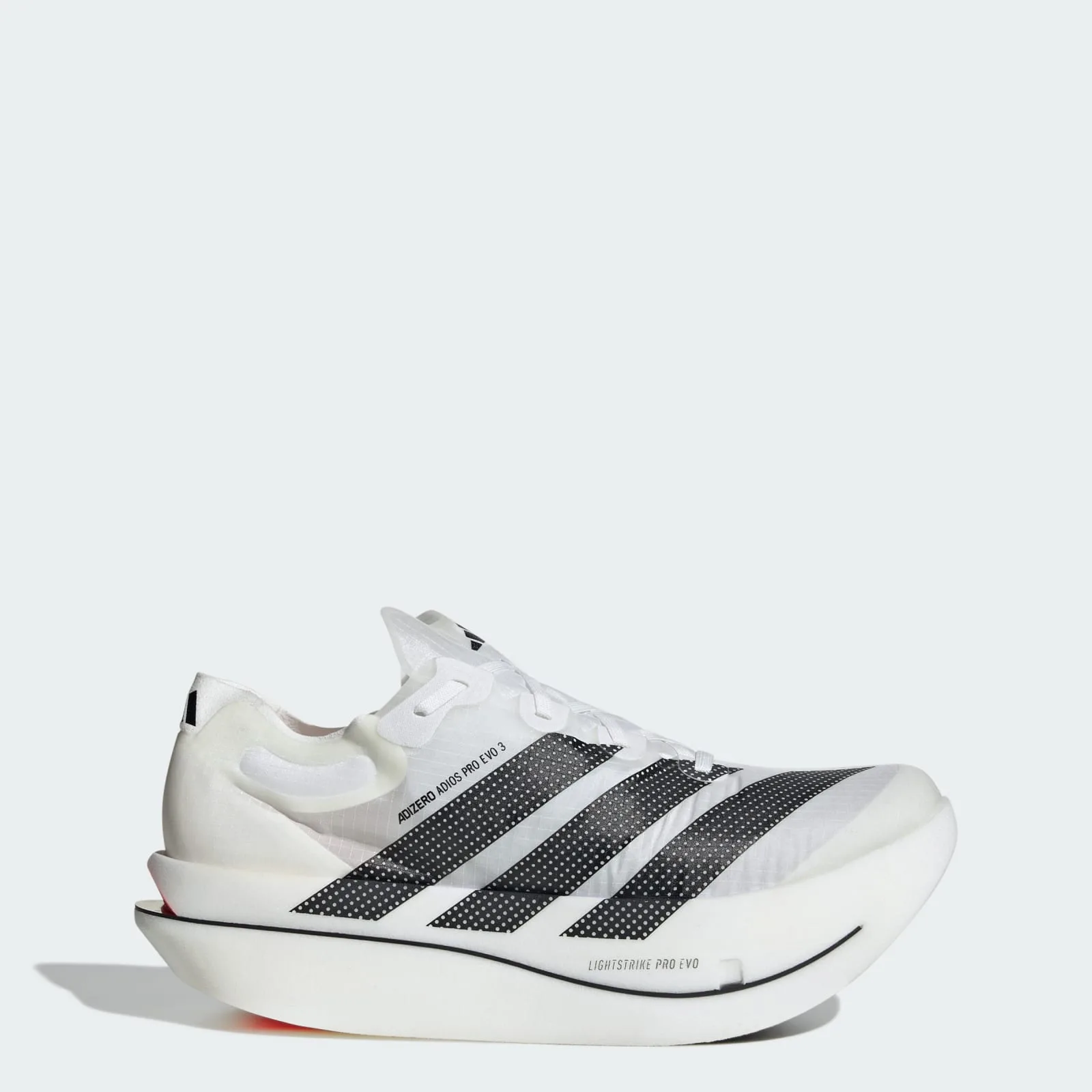 Lateral side view, white upper with black dotted three stripes, thick white midsole, orange heel edge, Pro EVO 3