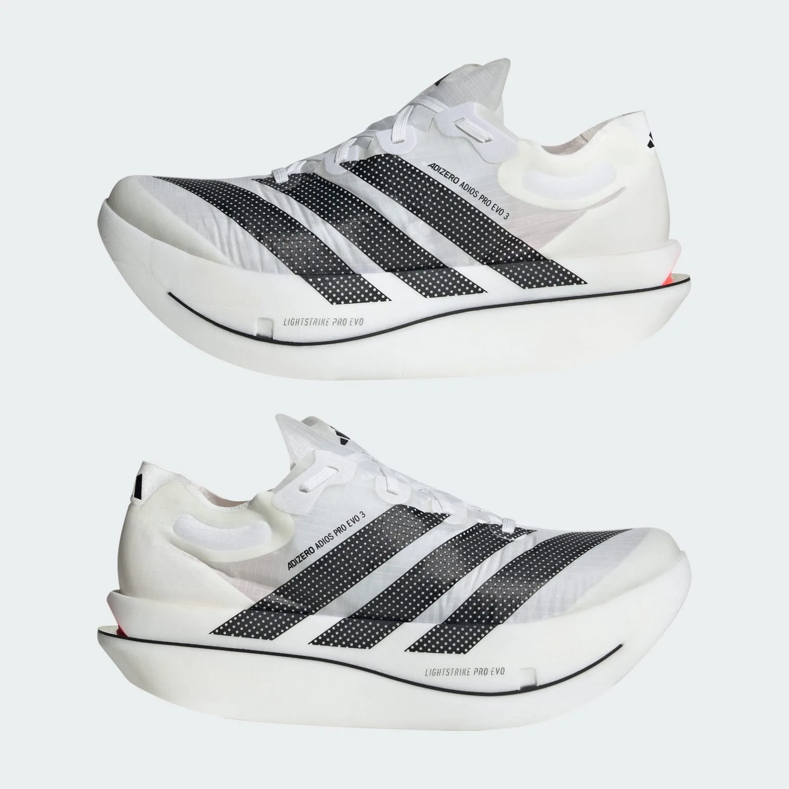 Pair shown lateral and medial, white with black dotted stripes and Lightstrike Pro Evo midsole text, Pro EVO 3