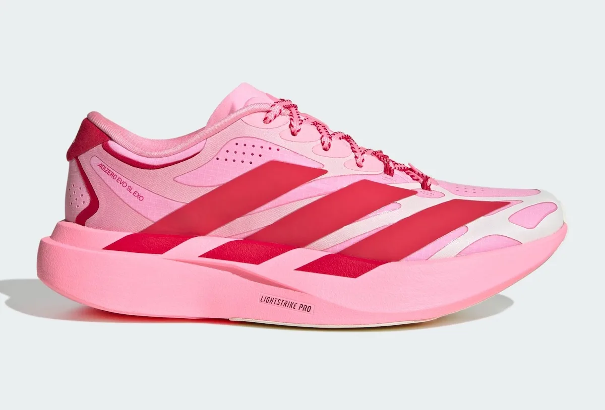Lateral view with red three stripes on a pink upper and thick pink midsole, adidas Adizero Evo SL EXO “Pink Glow Hearts”