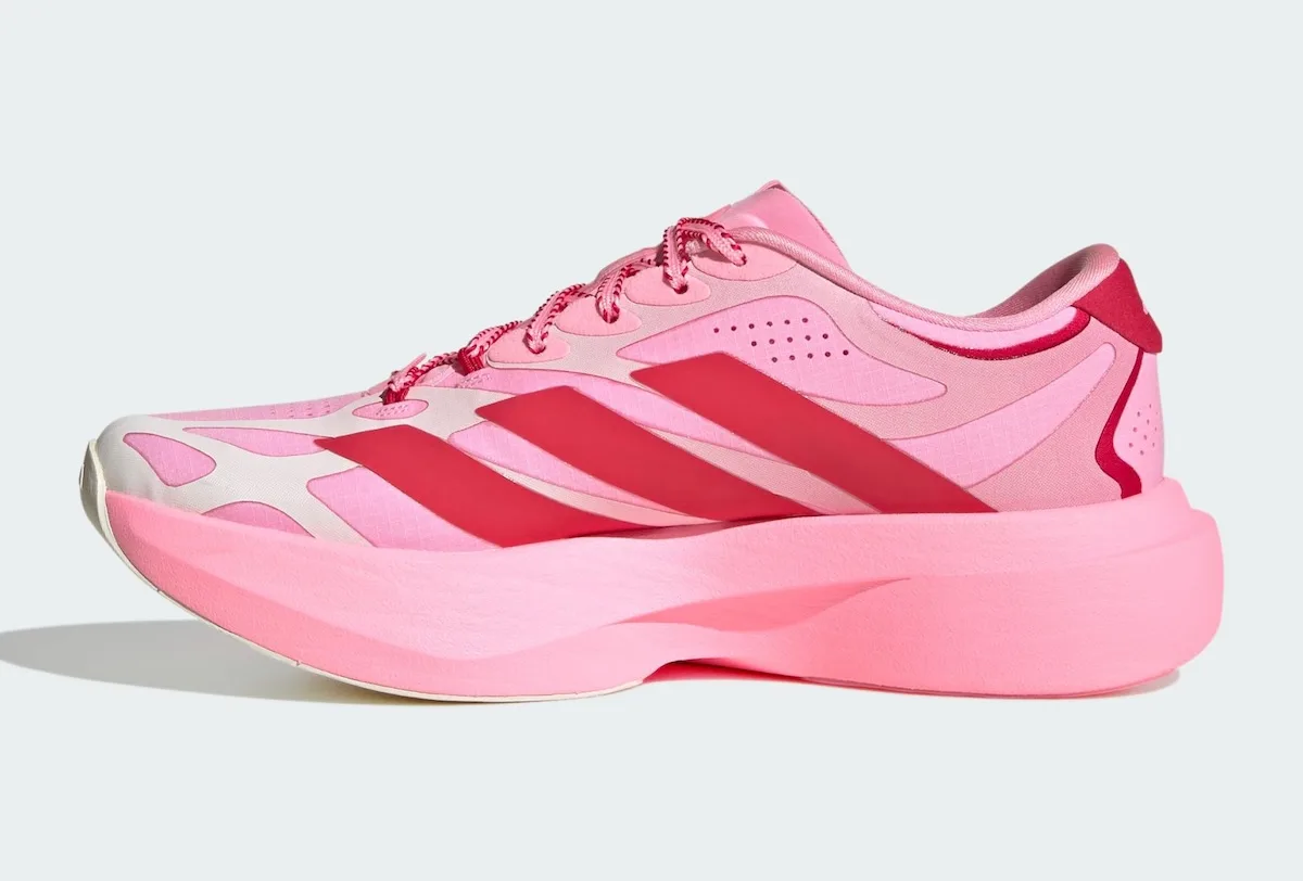 Medial view with red stripes, pink ripstop upper, red heel tab and thick pink midsole, Pink Glow Hearts