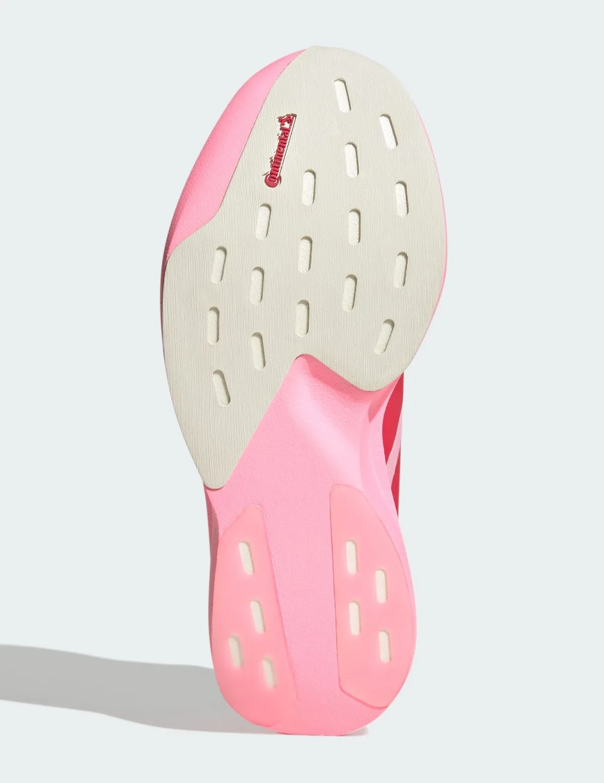 Outsole view with cream rubber forefoot lugs, small Continental logo and pink foam heel pads, Pink Glow Hearts