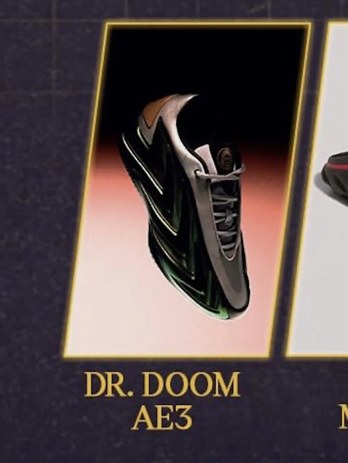 Angled top-down view of a black and grey sneaker with green highlights on a pink gradient, gold frame, Dr. Doom AE3 text