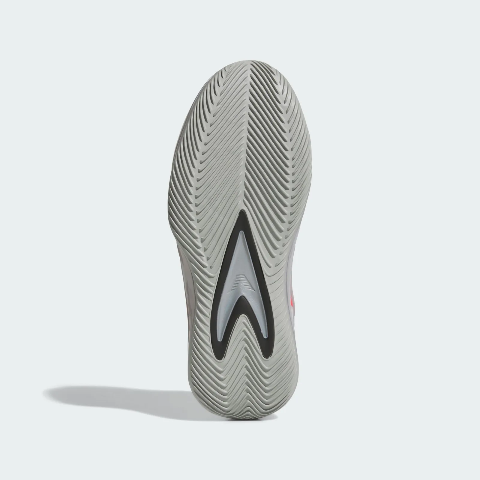 Outsole view, grey chevron tread pattern with black and silver shank plate, Omen