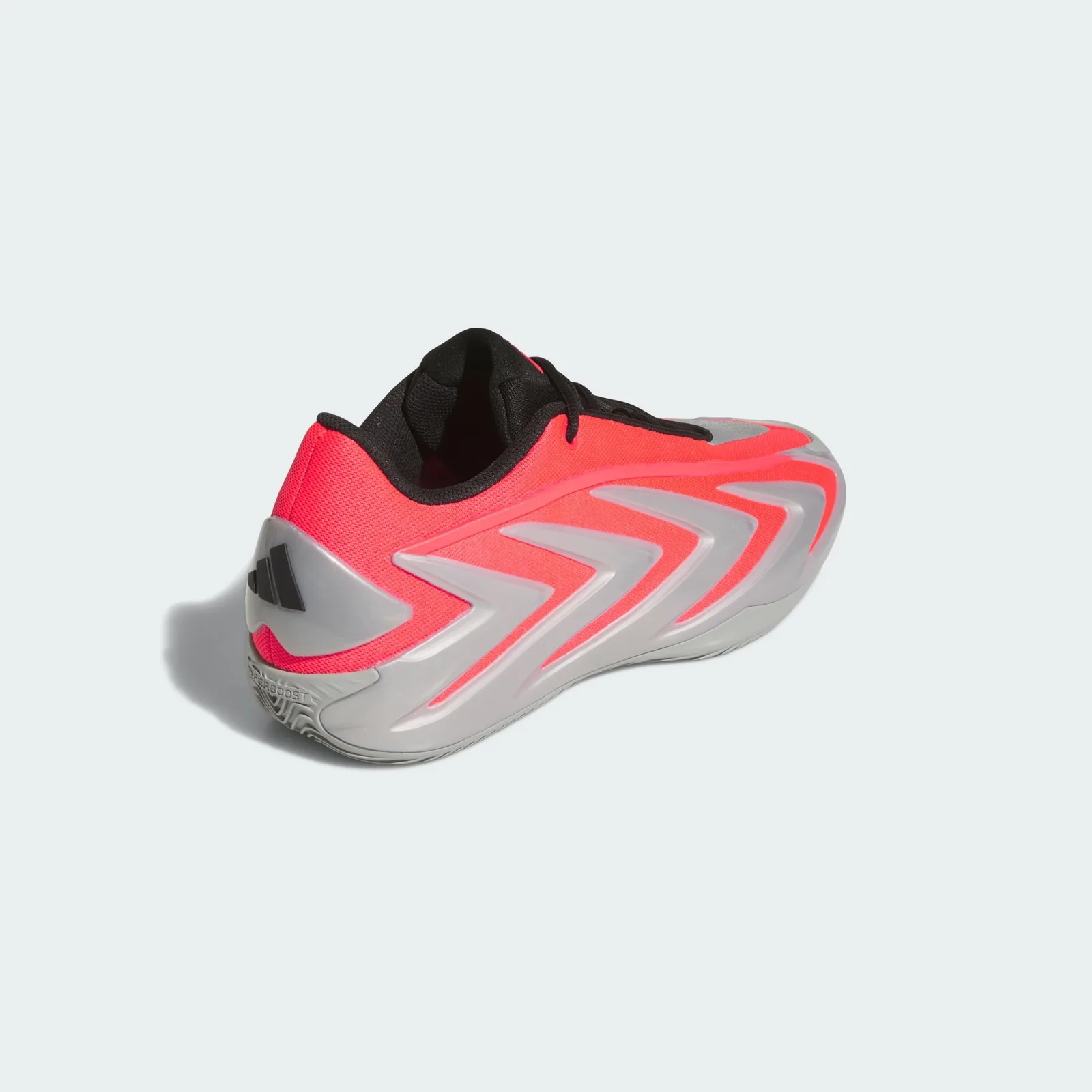 Heel three-quarter view, black adidas stripes on silver heel, Hyperboost text on sole, Omen