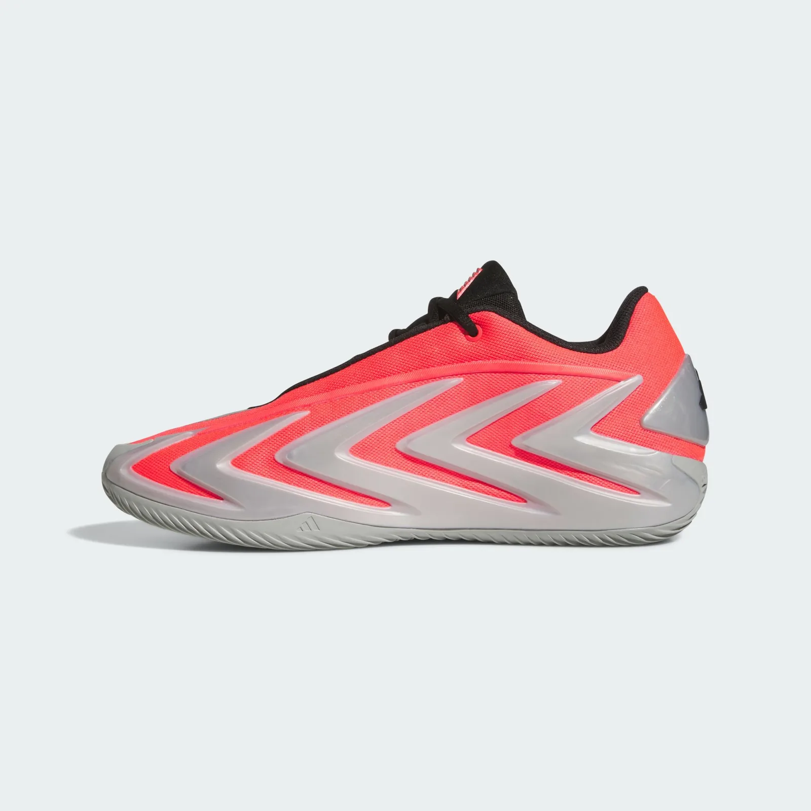 Medial view, red mesh with silver chevron bands, grey outsole and black collar, Omen