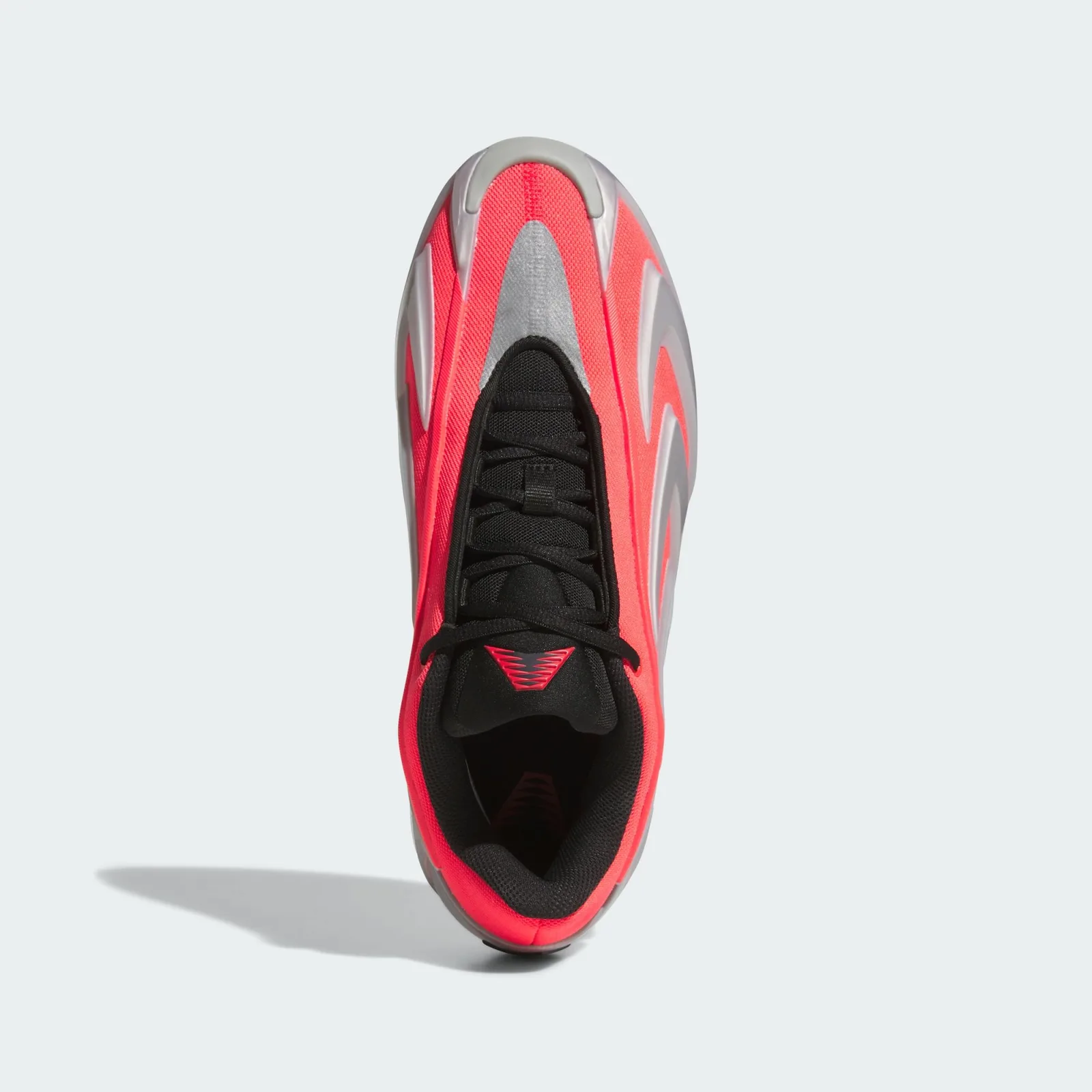 Top-down view, black laces and lining, silver toe panel, red heel logo, Omen