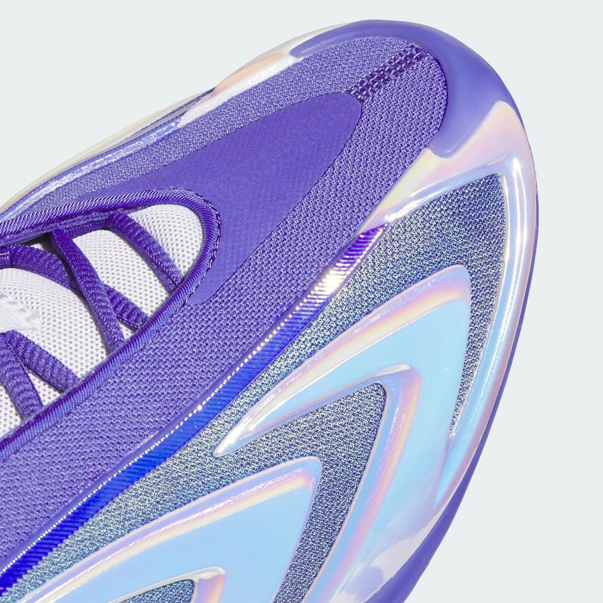 Detail of toe box with purple mesh, iridescent blue-pink chevron overlays and purple toe cap, Purple Iridescent
