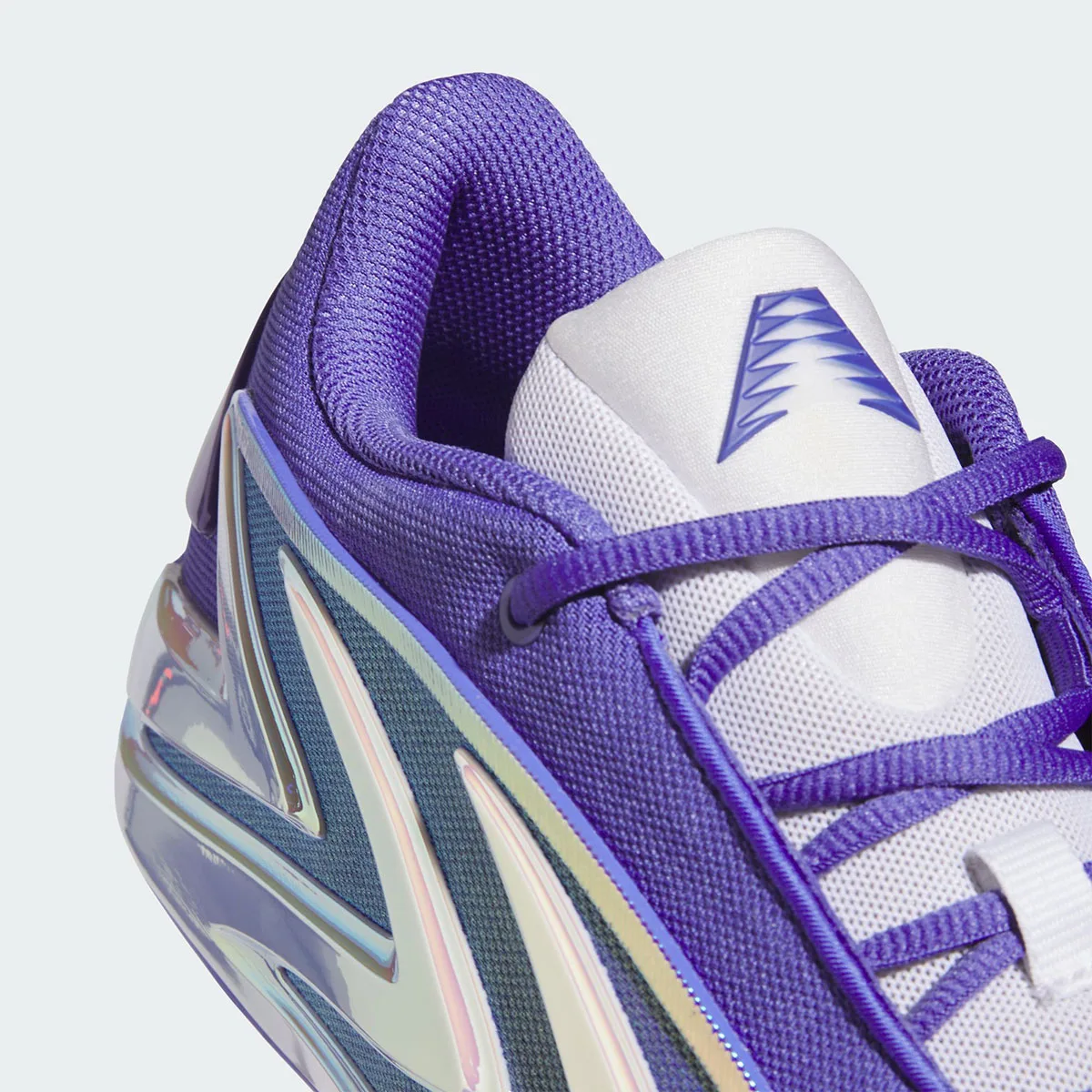 Detail of purple mesh collar, white tongue with purple logo and iridescent chevron panel, Purple Iridescent