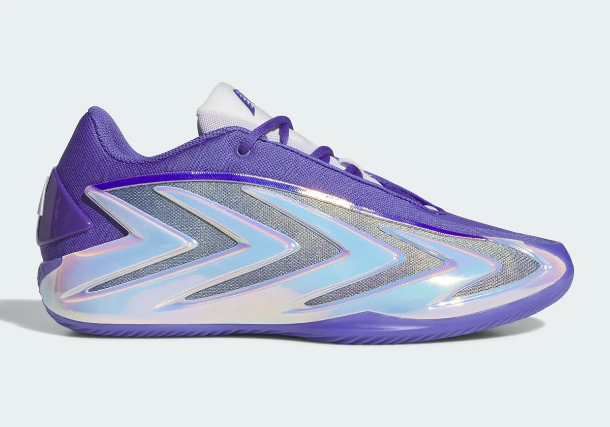 Lateral view on plain pale background, purple mesh upper with iridescent chevron overlays, Purple Iridescent