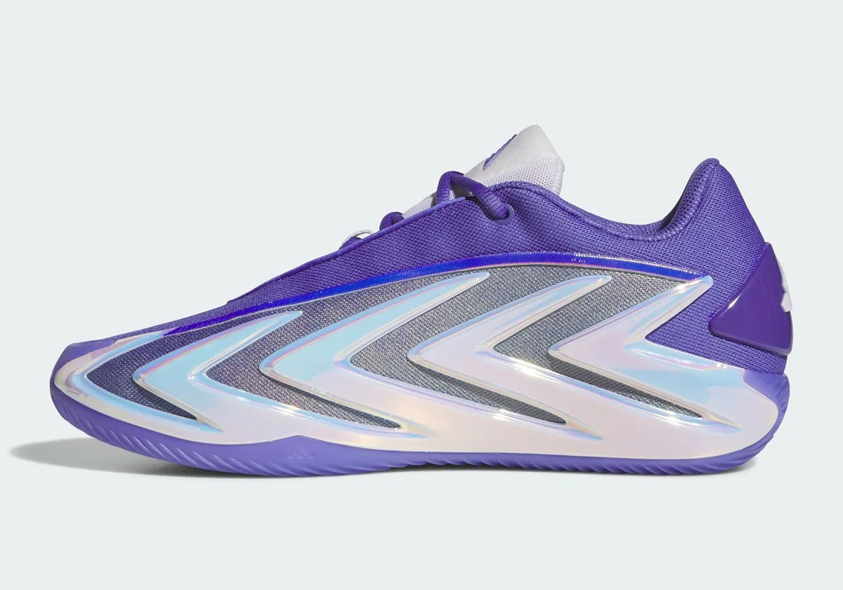 Medial view of purple low-top with iridescent chevron panels and a purple rubber outsole, Purple Iridescent