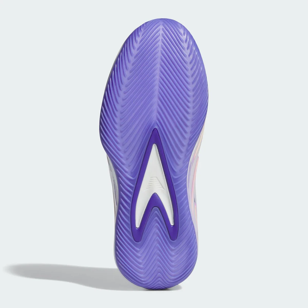 Outsole view of purple herringbone traction pattern with a white arrow-shaped midfoot shank, Purple Iridescent