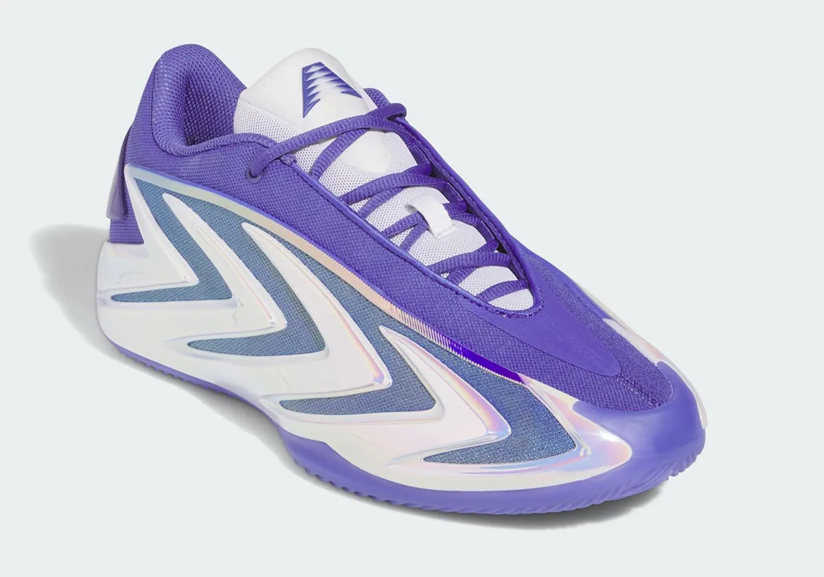 Three-quarter toe view of purple and white sneaker with iridescent chevrons and purple laces, Purple Iridescent