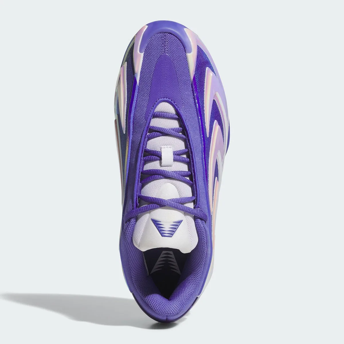 Top-down view of purple laces, white tongue with triangle logo and purple mesh upper, Purple Iridescent
