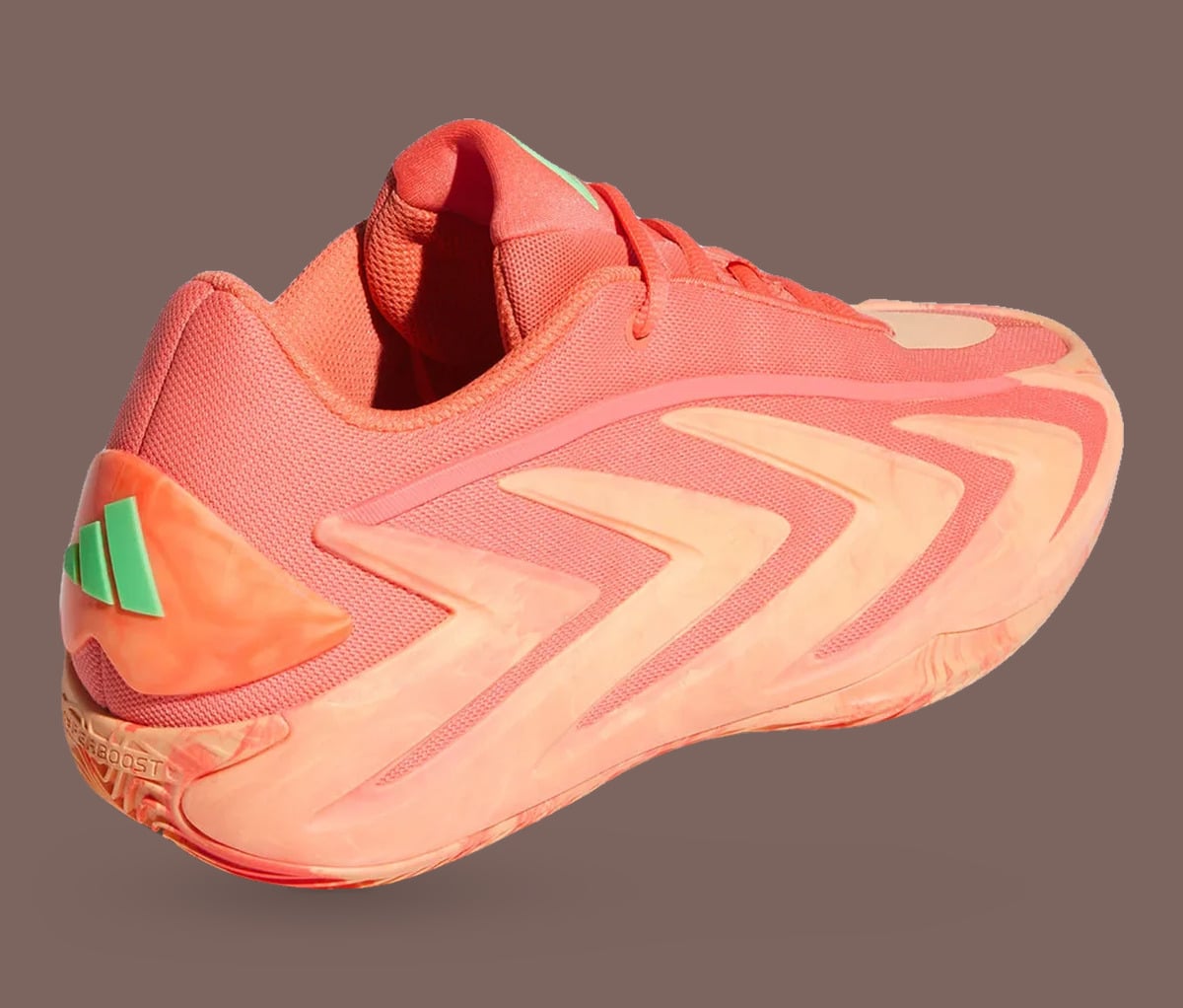 Heel three-quarter view, green three-stripe logo on orange heel clip, Hyperboost text, With Love