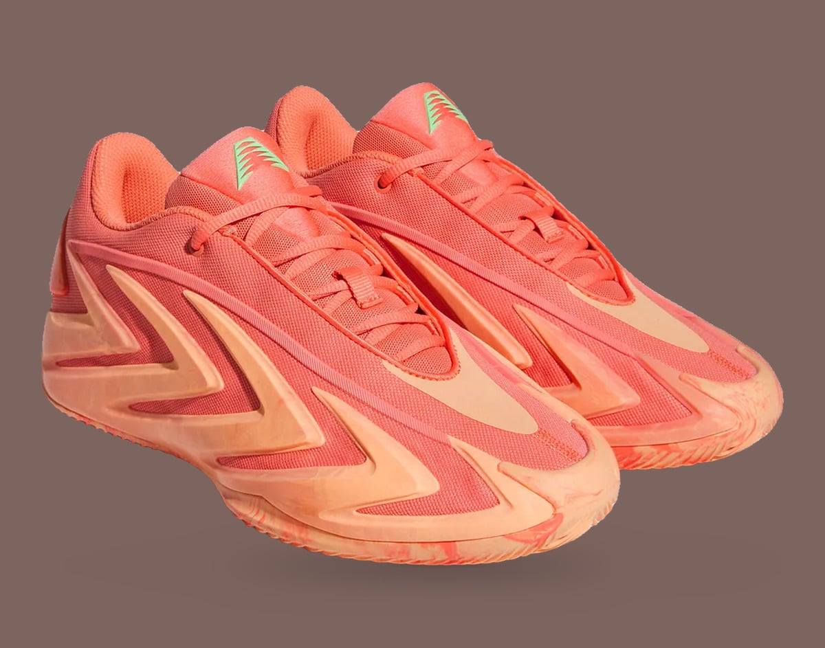 Pair, three-quarter view on brown backdrop, coral mesh, peach overlays, green tongue logos, With Love