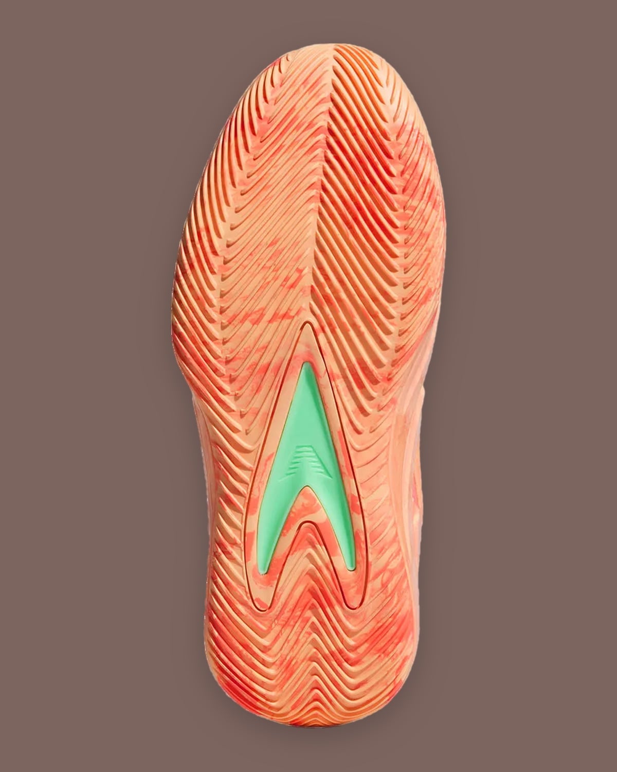 Outsole, orange-peach marbled herringbone tread with a green mint centre insert, With Love