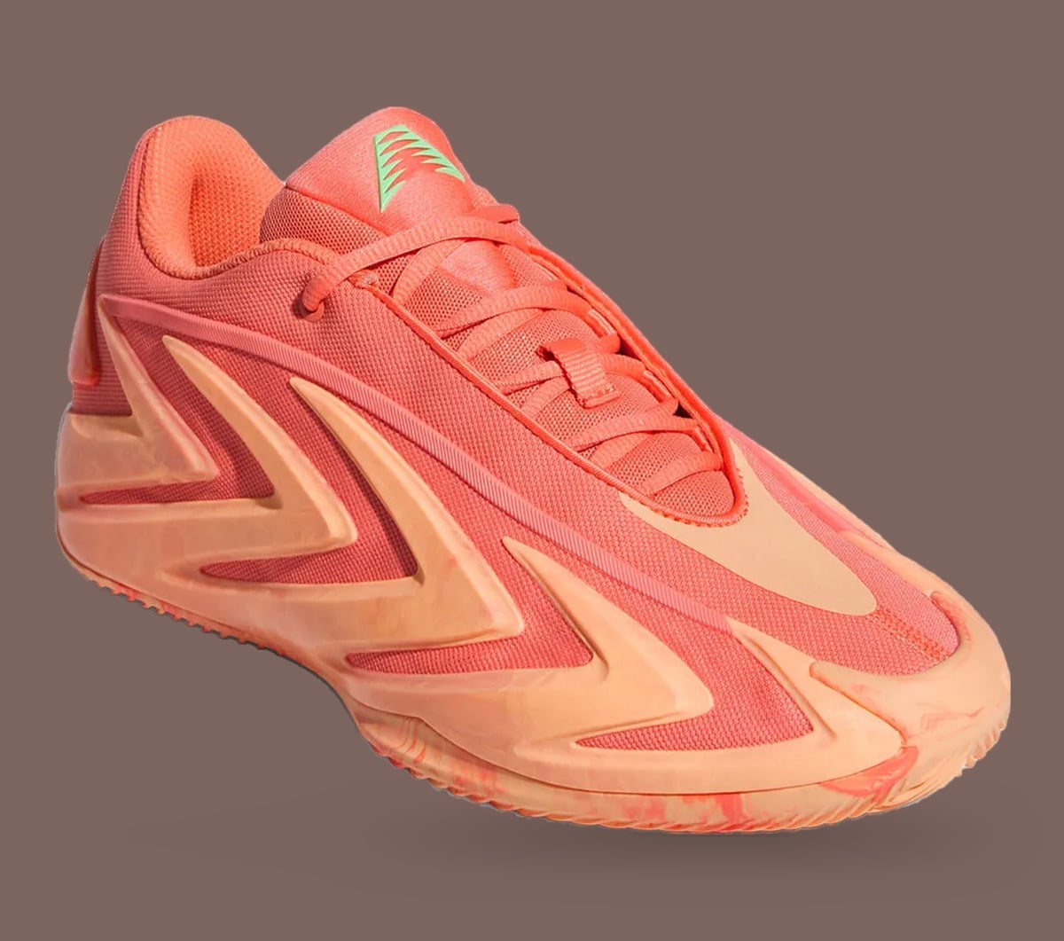 Three-quarter toe view, coral laces, green tongue logo, peach marbled midsole, With Love