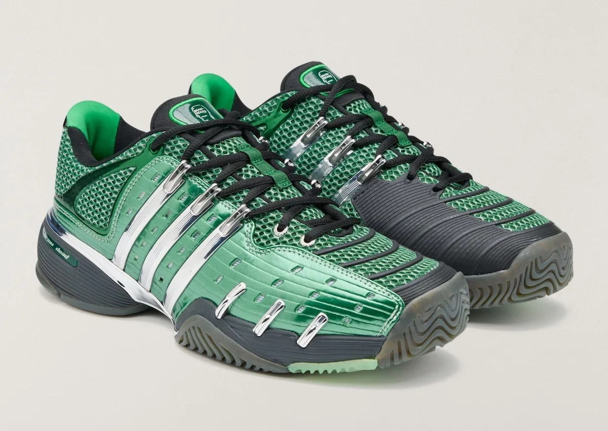 Three-quarter pair view in green, metallic upper, chrome stripes, black laces, black toe, x Brain Dead