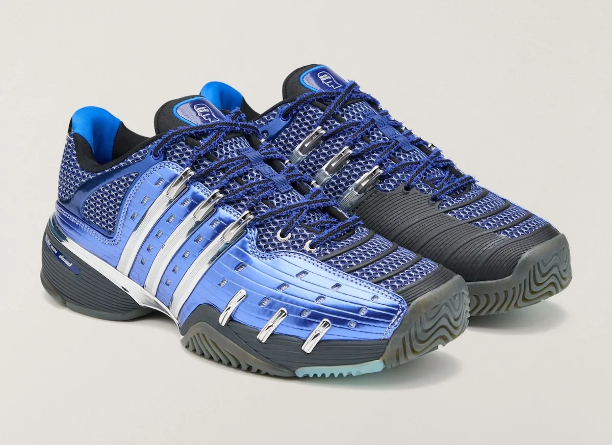 Three-quarter pair view in blue, metallic panels, chrome stripes, frayed laces, black toe, x Brain Dead