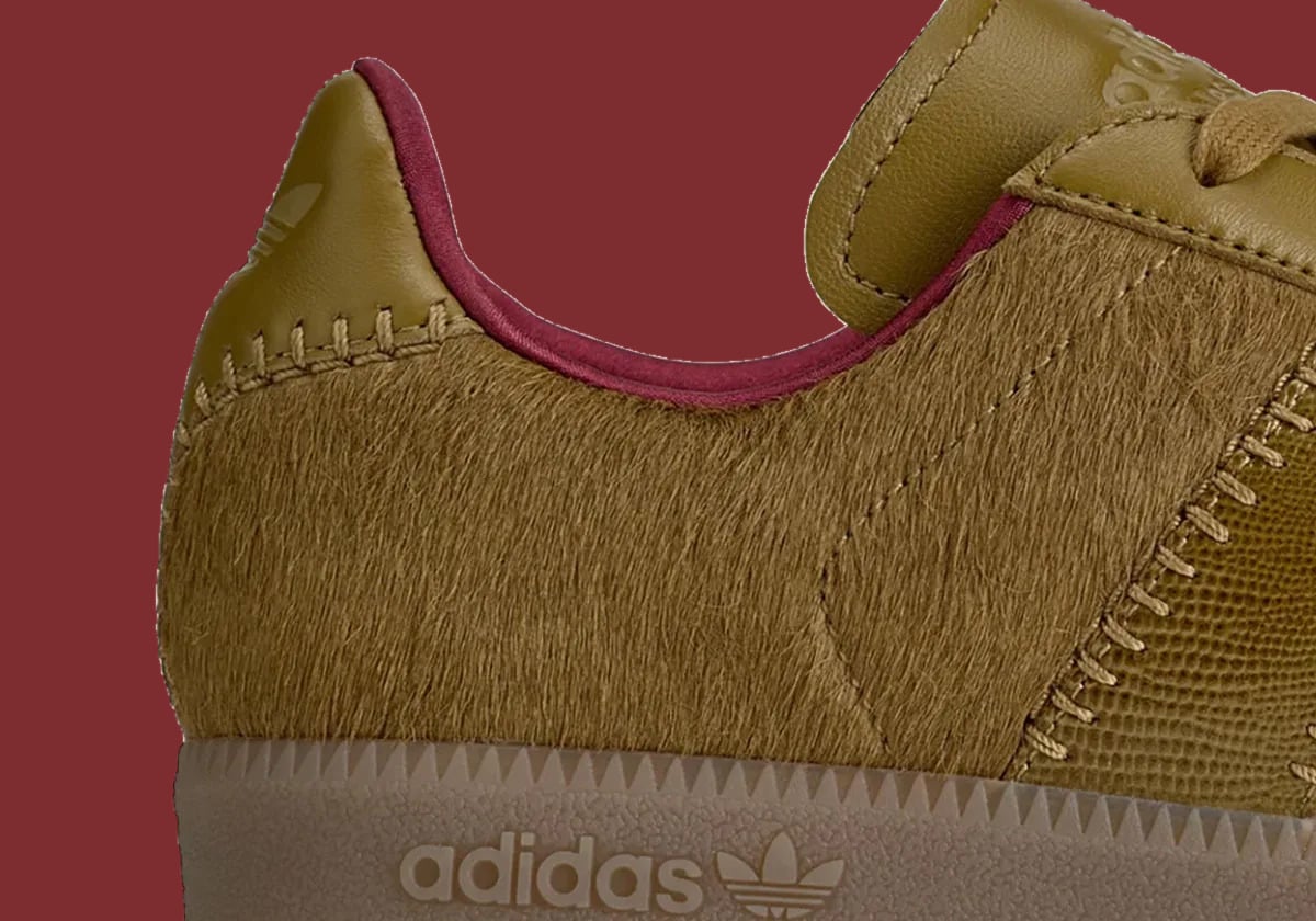 Heel detail: olive pony hair, stitched leather heel tab, burgundy trim, adidas on gum sole, Khaki Pony