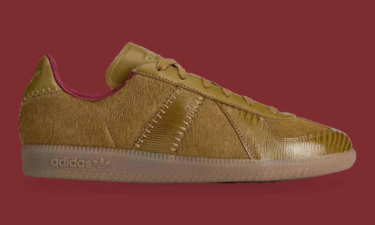 Lateral view on red backdrop: olive hairy upper, lizard-print stripe and toe, gum sole, Khaki Pony