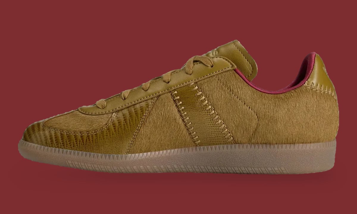 Medial view of olive sneaker with hairy panels, stitched lizard stripe, burgundy collar, Khaki Pony