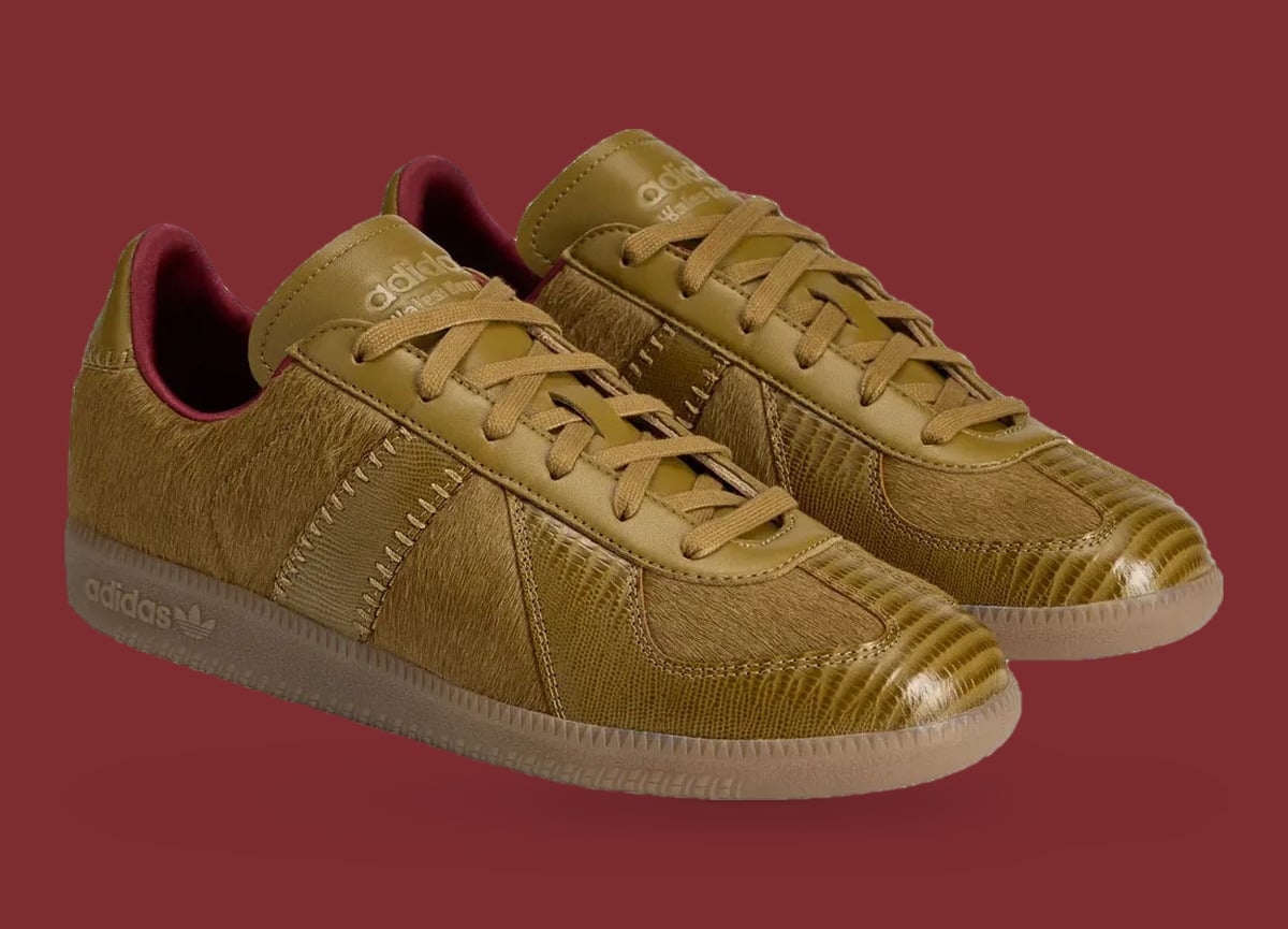 Pair at three-quarter angle, olive pony hair, lizard toe caps, burgundy lining, gum soles, Khaki Pony